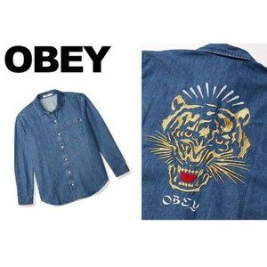 Obey Tiger Shirt Embroidered Denim Button Down NWT Blue Jean Jacket Collared